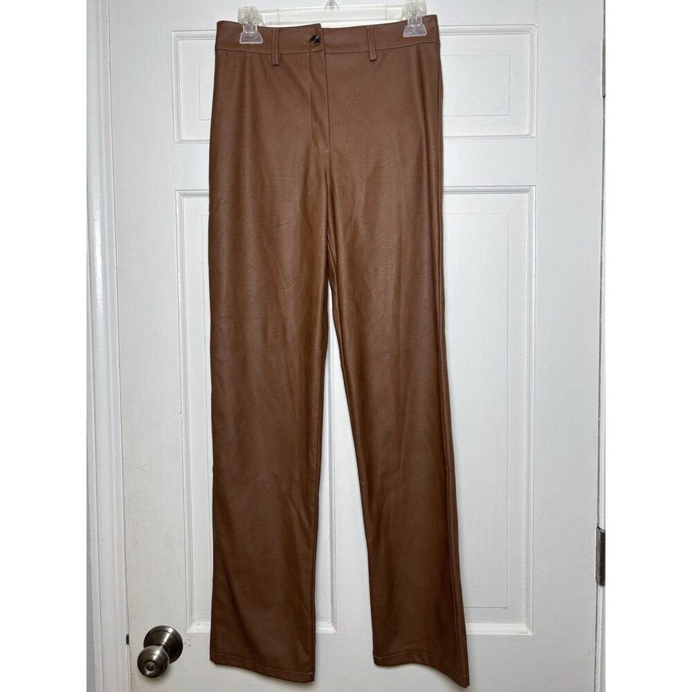 boohoo Women’s 4 Brown Faux Leather Straight Pants Retro Western
